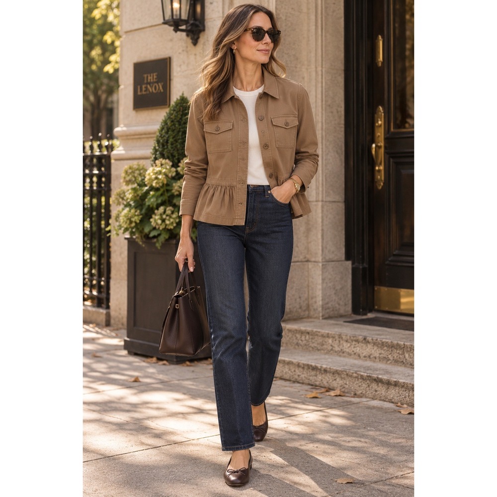 NWT Liverpool Los Angeles Toffee Cargo Peplum Jacket Brown Utility Coat Size M